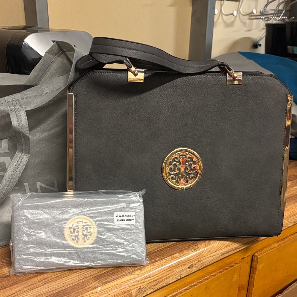 Dasein Dark Gray Handbag with Gold Accents matching wallet